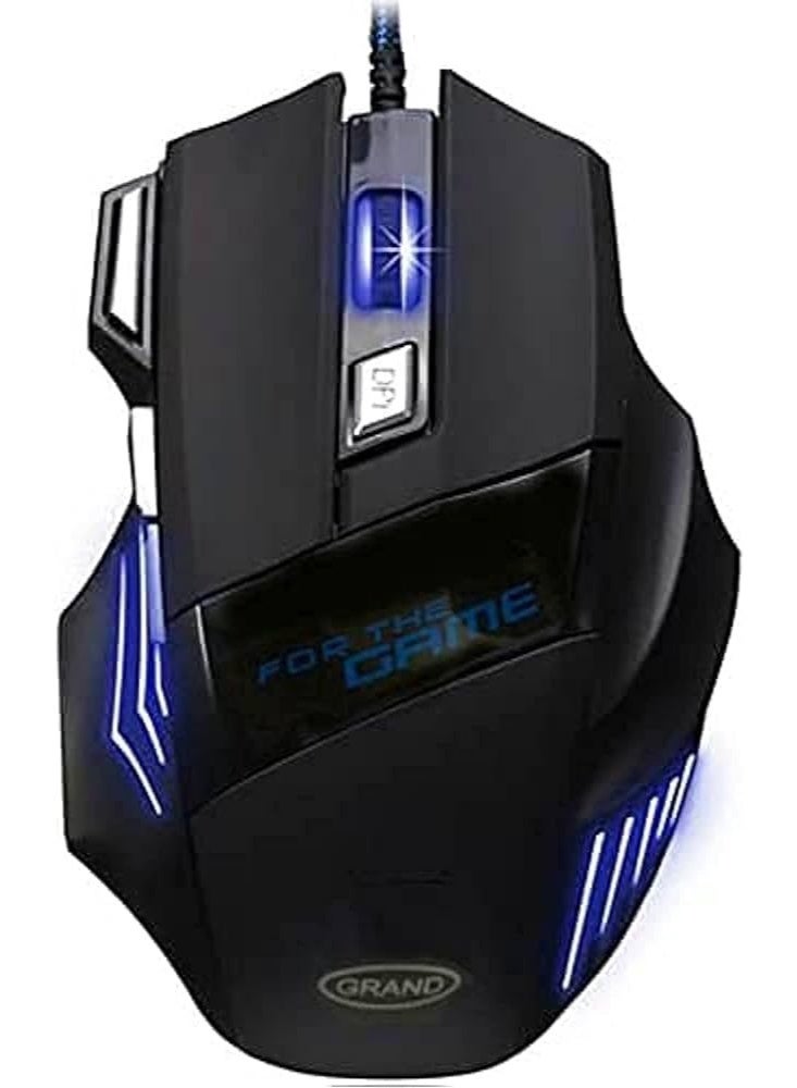 جراند ماوس ألعاب بإضاءة ملونة، مزود بـ 7 أزرار وسلك نايلون مضفر، مظهر أنيق، ماوس ألعاب فعال بدقة 2400 نقطة في البوصة لأجهزة الكمبيوتر المحمولة والمكتبية - أسود - Image 3